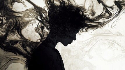 An image of a person surrounded by dark, swirling shapes, reflecting inner turmoil and pain