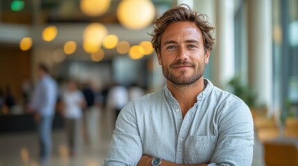 Obraz premium Confident Young Man Smiling. Manager of Crowdfunding and Crowdinvesting Platforms