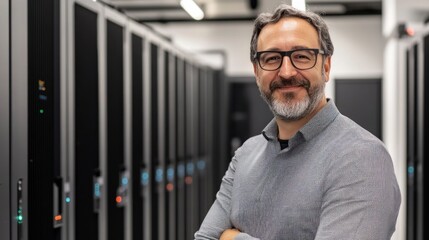 A smiling man stands confidently in a modern data center filled with server racks.