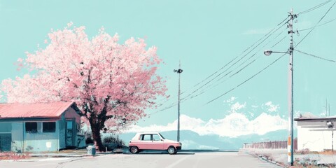 A beautiful and serene Spring scene featuring a Cherry Blossom tree alongside a vintage car