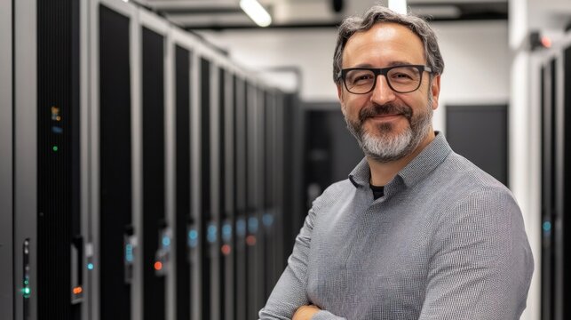 A smiling man stands confidently in a modern data center filled with server racks.