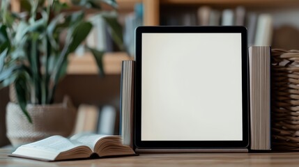 Tablet with blank screen, books, and plant on wooden table.