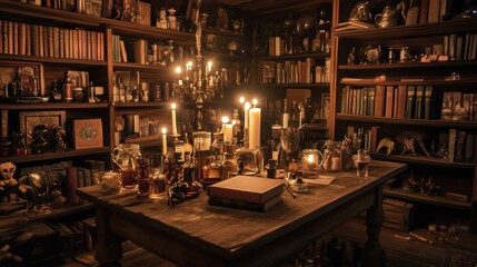 Fototapeta premium Antique study filled with books, candles, and potion bottles on a wooden table at night.