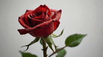 Single dark red rose with water droplets on petals and leaves against a gray background.