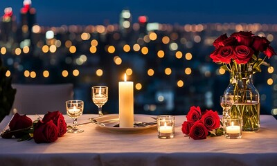 Romantic dinner for two with candlelight, roses, and city view.