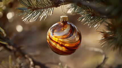 Hand painted glass ornament hanging on tree branch - artistic holiday decoration scene