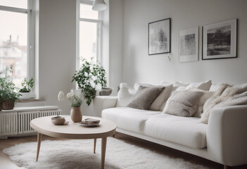 Cozy white sofa against window Scandinavian style home interior design of modern living room