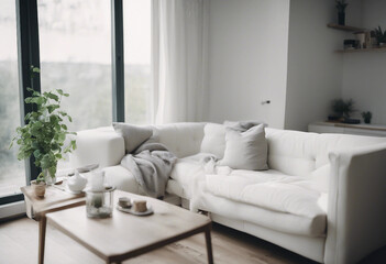 Cozy white sofa against window Scandinavian style home interior design of modern living room