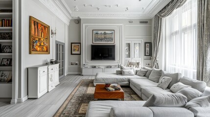 Spacious Modern Living Room with Artistic Decor and Colorful Sofa