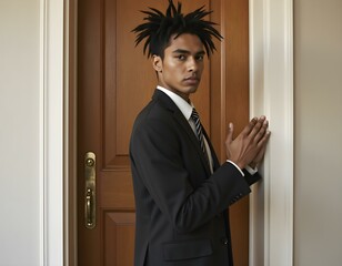 Real estate agent gesturing at doorway of new home