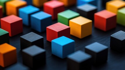 Fototapeta premium A colorful arrangement of wooden cubes in various colors, suggesting a playful design or game.