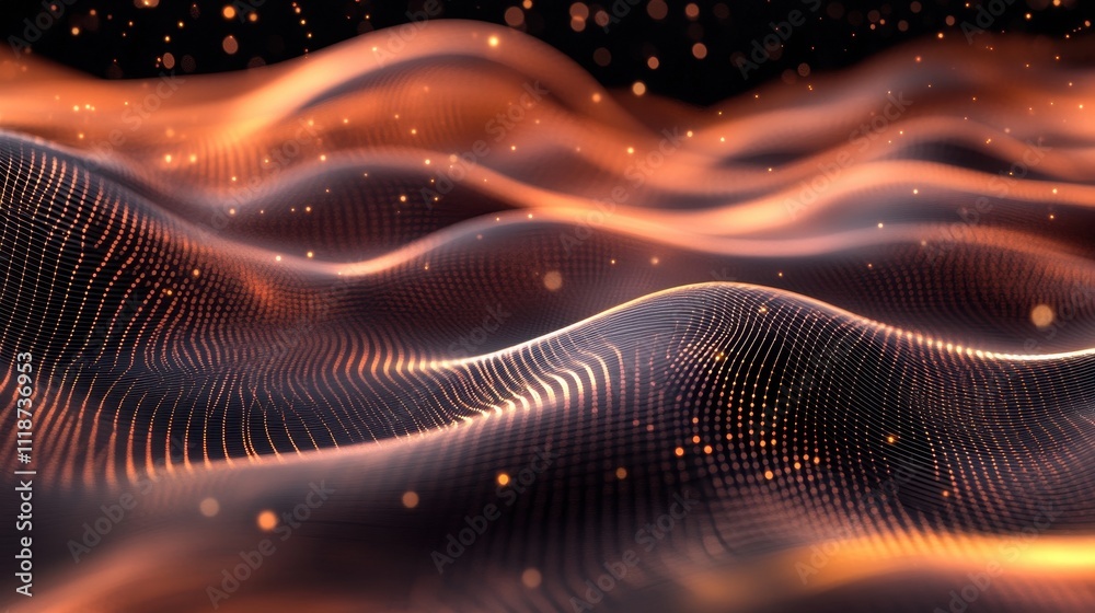 Poster abstract waves with glowing particles, creating a dynamic, fluid visual effect.