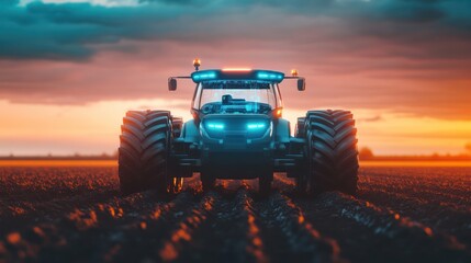 Tractor in a field during sunset with dramatic lighting
