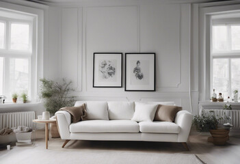 Cozy white sofa against window Scandinavian style home interior design of modern living room