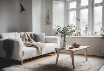 Cozy white sofa against window Scandinavian style home interior design of modern living room