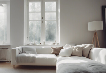 Cozy white sofa against window Scandinavian style home interior design of modern living room