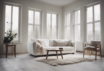 Cozy white sofa against window Scandinavian style home interior design of modern living room