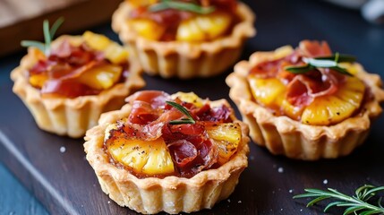 Delicious mini pineapple tarts with prosciutto garnish for gourmet appetizers and entertaining