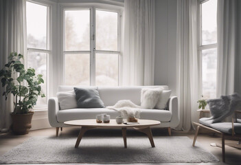 Cozy white sofa against window Scandinavian style home interior design of modern living room