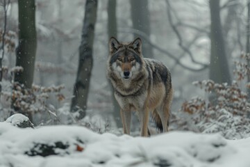 Fototapeta premium Bavaria european wolf standing in snow wolf wolf