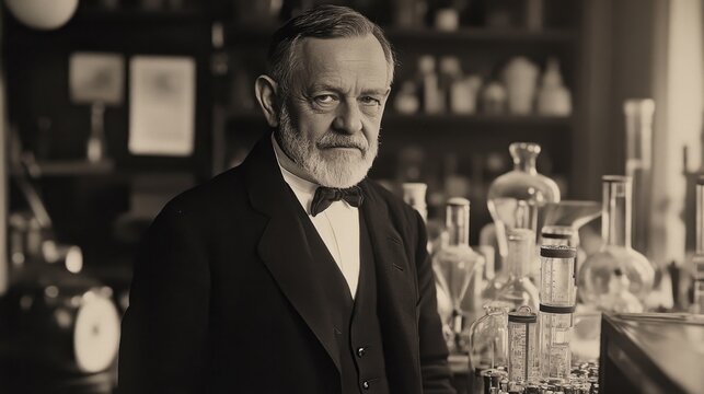 Louis Pasteur Birthday Historical scientist in vintage laboratory setting with chemistry equipment
