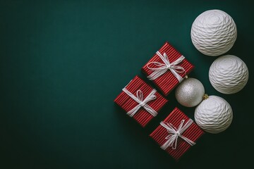A top view showcasing beautifully wrapped Christmas presents with green bows and festive accents on a green background.