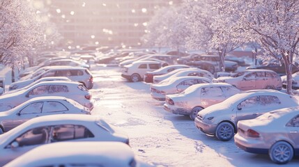 Obraz premium Parking lot covered in snow, cars covered in snow, winter wonderland, serene atmosphere, soft light