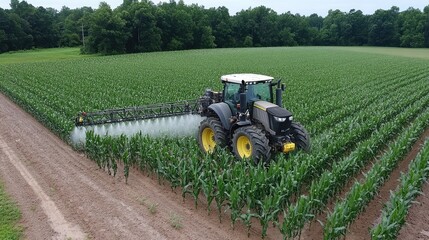 A tractor equipped with a sprayer arm is actively spraying agricultural chemicals on a vibrant green field during the spring season