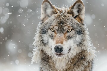 Gray wolf portrait with snow in Ely  Minnesota.