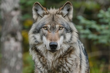 Naklejka premium Close up portrait of Canadian Timber Wolf in summer forest.