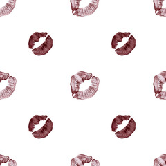 Colorful kisses, lips prints with brown lipstick. Seamless holiday pattern for Valentine's day. Ideal for wrapping gifts and textiles, bed linen. Pink-brown palette. White background