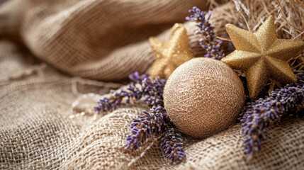 Fototapeta premium Minimalist christmas card with golden stars and lavender on burlap