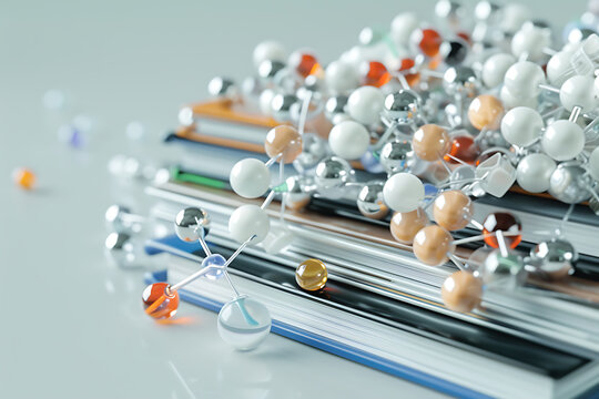 celebrating women in science, scientific journals strewn on the table, a colorful molecule model, and excitement for discovery on international day of women and girls in science