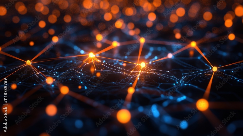 Poster abstract representation of interconnected nodes and pathways, symbolizing data networks and technolo