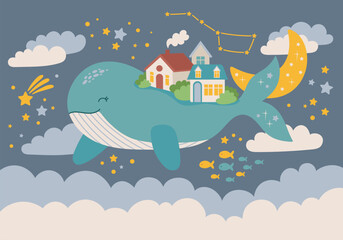Fantasy blue whale with small town  flying in the stellar sky for nursery wall. Wallpaper vector illustration for kids room interior