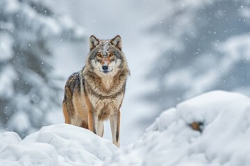 Obraz premium Gray wolf Canis lupus wolf standing in the snow captive Bavaria Germany Europe wolf wolf