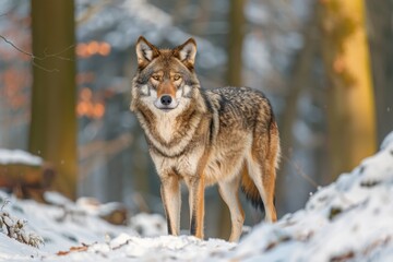 Naklejka premium Gray wolf Canis lupus wolf standing in the snow captive Bavaria Germany Europe wolf wolf