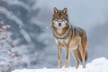 Fototapeta premium Gray wolf Canis lupus wolf standing in the snow captive Bavaria Germany Europe wolf wolf