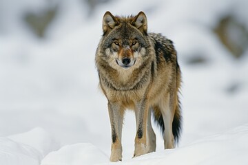 Obraz premium Gray wolf Canis lupus wolf standing in the snow captive Bavaria Germany Europe wolf wolf