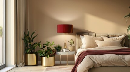 Naklejka premium Modern bedroom with a berry red lamp, beige walls, brass planters, and minimal plants in a contemporary design.