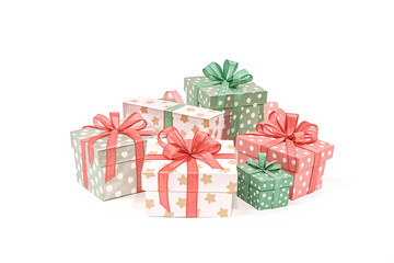 A set of gift boxes with ribbons and a festive design, isolated on a white surface