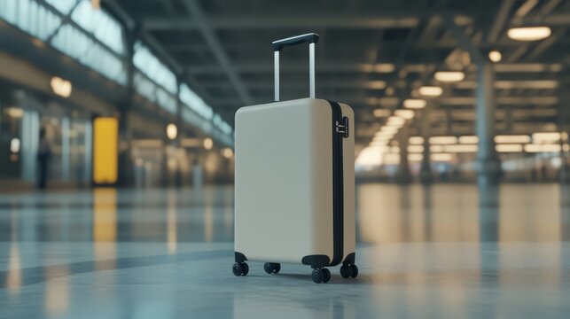 Beige suitcase in airport terminal.