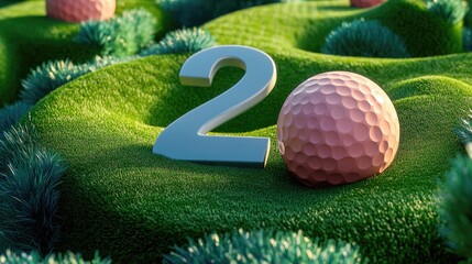A soft pink golf ball rests beside a large number '2' on vibrant green turf, creating a playful golf-themed setting.