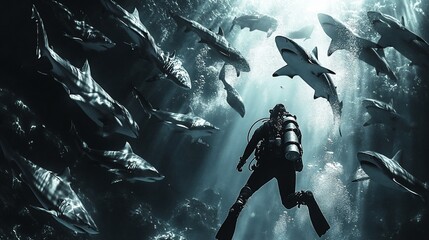 Diver surrounded by a large school of sharks in a dark underwater cave, sunlight beaming from above.