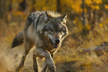 Fototapeta premium Grey Wolf Canis lupus Running Straight at Viewer captive animal