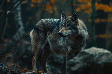 Fototapeta premium Grey Wolf Canis lupus Stands Towards Left captive animal