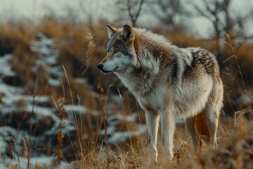 Fototapeta premium Grey Wolf Canis lupus Stands Towards Left captive animal
