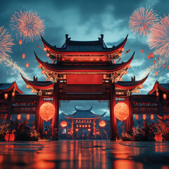 Fototapeta premium Chinese New Year celebrations vibrant entrance gate adorned with red lanterns fireworks display festive atmosphere traditional architecture cultural landmark night scene immersive experience