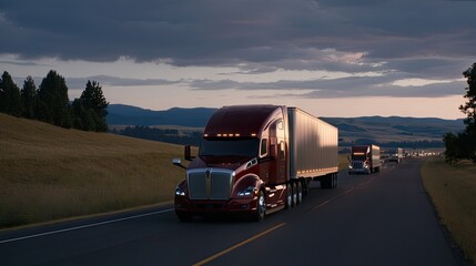 Obraz premium A vibrant red semi-truck adorned with LED lights makes its way down a highway at night, creating a cinematic look among fellow trucks during the blue hour