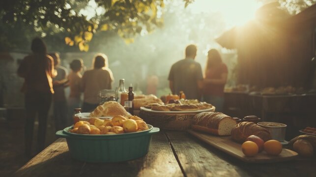 Community in harmony. The church community comes together for a potluck, where food, laughter, and conversation flow under gentle afternoon light.
